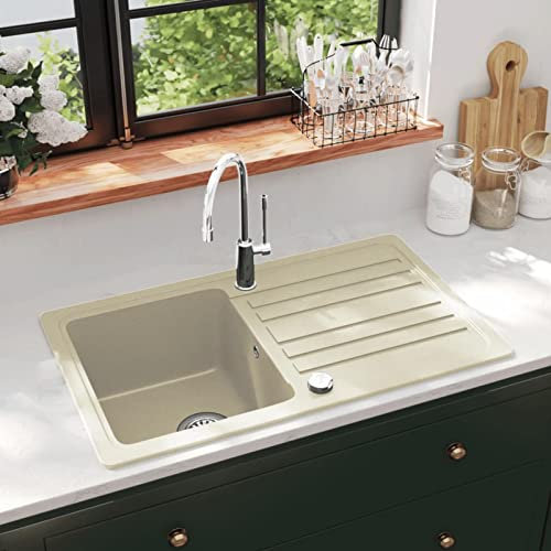 Sufrk Lavello da Cucina in Granito Vasca Singola Beige,Lavello Cucina,Lavandino Cucina,Lavabo Cucina ad Incasso
