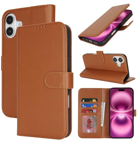 Zouzt Wallet Case for iPhone 16 (6.1), with Card Holder, Light Brown | Premium PU Leather, with Credit Slot, Shockproof TPU Shell, Magnetic Closure, Protective Flip Folio Phone Cover, Women Men