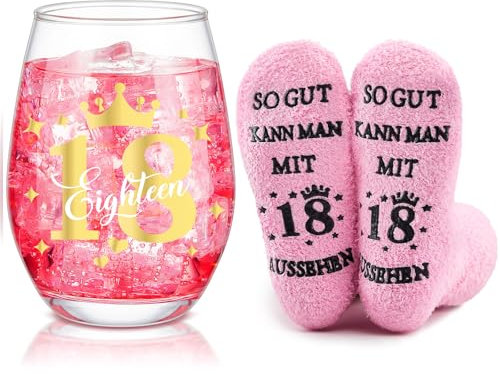 Nuenen Lustiges Geschenkset zum 18. Geburtstag für Mädchen - Inkl. Rotweingläser & Socken Geschenk für Freundin, Schwester oder Tochter, Die 18 Jahre Alt Werden
