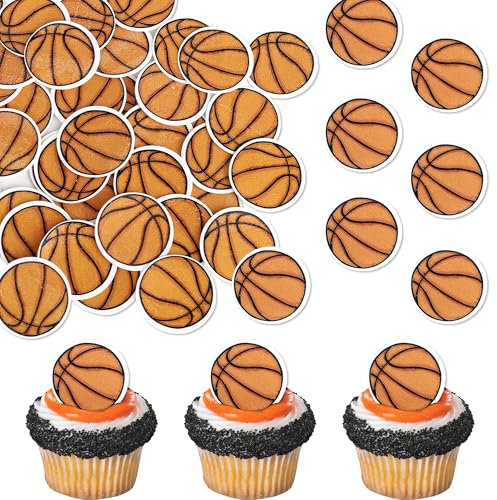 Xsstarmi 48 Pack Edible Basketball Cupcake Toppers Star Sports Ball Cupcake Picks Decorations for Edible Basketball Sports Players Theme Baby Shower Birthday Party Cake Decorations