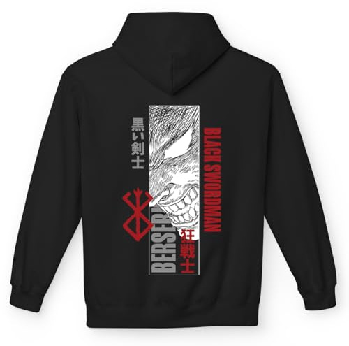 Berserk Sweatshirt – Black Swordman Guts Kapuze und Tasche, Unisex, Anime Manga, weich, innen Plüsch, Geschenkidee schwarz., Schwarz, L