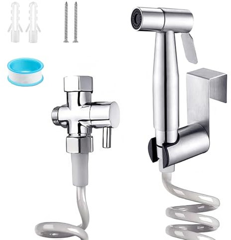 MeYuxg Bidet Handbrause für Toilette Set, Bidet Einsatz Dusch WC Wasserhahn Aufsatz aus Edelstahl, mit Federschlauch, Wandhalterungs-Set, 3 Wege Ventil