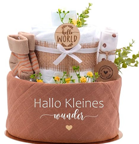 Trend Mama® | Windeltorte Boho Style | Spruch wählbar | 27 Windeln (Gr.2), Musselintuch, Socken & Waschhandschuh |Geschenk Geburt (Design| Hallo kleines Wunder)