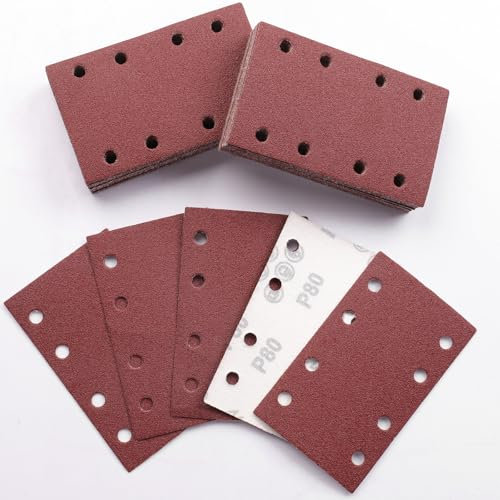 Sruhrak 80x133mm Schleifpapier, 50 Stück Schleifblatt 80 Körnung Set Rechteckiges Schleifblatt Klett 8 Löcher Schleifpad für Schwingschleifer