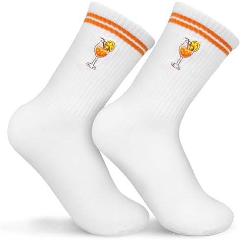 OFFCUP Chaussettes Aperol Spritz, Brodées Chaussettes Blanches avec Motif Verre à Vin, Coton Respirant Unisexe Sport, Cadeau pour Amateurs d' Cocktails Eté Thème Carnaval Cocktail, Tangerine