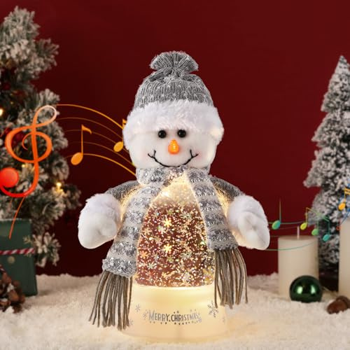 Lewondr Musikalische Weihnachtsschneekugel, Beleuchteter Schneemann mit Grau Schal, Glitzer&8 Lieder&Timer, Batteriebetriebene Singende Weihnachtsschneelaterne für Heimdekoration Xmas Geschenk