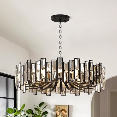 Homary Modern Crystal Chandelier Light Fitting, 10-Light Black Geometric Ceiling Pendant with Adjustable Chain, Elegant Lighting for Dining Room, Living Room, Bedroom