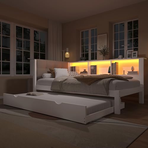 Zravenna Holzbett Tagesbett 90x200cm mit Ausziehbett und Polster-kopfteil, Stauraumbett mit mehrere offene Ablagefächern Bücherregal, Gästebett Daybed, Kiefernholz (A-Weiß)