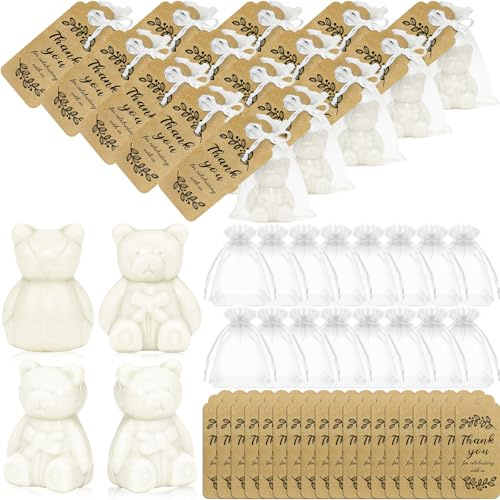 50er Set Mini Bären Seifen Gastgeschenke für Babyparty, Seife Geschenke | Enthalten Geschenkbox & Dankeskarten, Kleine Duftend Taufe Geschenke für Baby Shower Gender Reveal Hochzeit, Weiße
