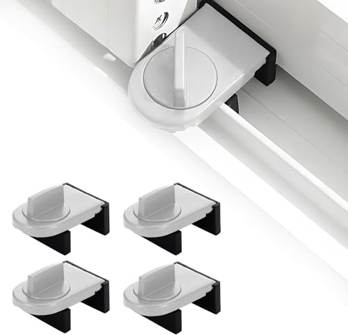 FEIHS Door 4 Pcs Door Window Lock Stopper, Sliding Window Lock, Sliding Windows Door Locks, Adjustable, No Drill Needed, for Bedroom, Kitchen, Living Room Sliding Doors and Windows (Silver)