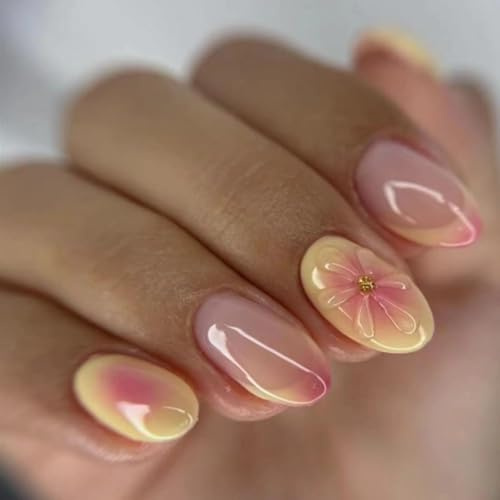 JUSTOTRY 24 Pcs Yellow and Orange French Almond False Nails Short,Flower Fake Nails with 3D Sculpting Metallic Pattern,Glossy Press on Nails Medium for Nail Art,Oval Stick on Nail for Women Gifts