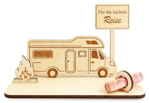Camper Geschenke, Holz Geldgeschenk mit Wohnwagen Lagerfeuer und Schild, Camping Geschenke, Wohnwagen Deko für Reisegutschein Verpackung, Geburtstagsgeschenk für Männer Frauen Junge Mädchen