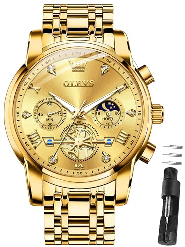 OLEVS Herren Uhren Luxus 42mm Große Quarz Edelstahlarmband 30M Wasserdicht | Armbanduhr Herren Business Chronograph mit Mondphase Luminous Zifferblatt Luxu Speziell für Männer Entwickelt