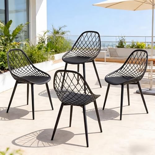 ZECIIYE Gartenstühle 4er Set Esszimmerstühle Schwarz, Schalenstuhl aus Kunststoff mit Eisen, Wetterfest Plastikstuhl, Outdoor Stuhl Balkonmöbel für Balkon & Küche