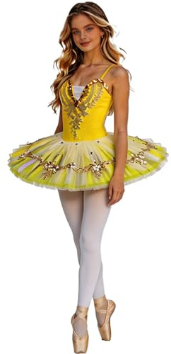 TiaoBug Balett, tutu, barn, dansklänning, flicka, tutu, prinsessklänning, balettklänning, kombidräkt med balettkjol, tutu för balett, bodyklänning, dans, GUL, 134-140