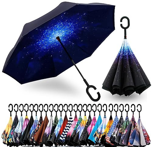 SIEPASA Unisex-Erwachsene Spar.saa Spar. Saa Doppellagiger umgekehrter C-förmigem Griff, Anti-UV Wasserdicht Winddicht Gerader Regenschirm für Auto Regen Outdoor, Sternenhimmel/Schwarz, X-Large