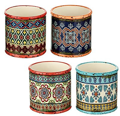 Heaven Sends Bohemian Patterned Round Ceramic Planters - Colourful Set of 4 Plant Pots