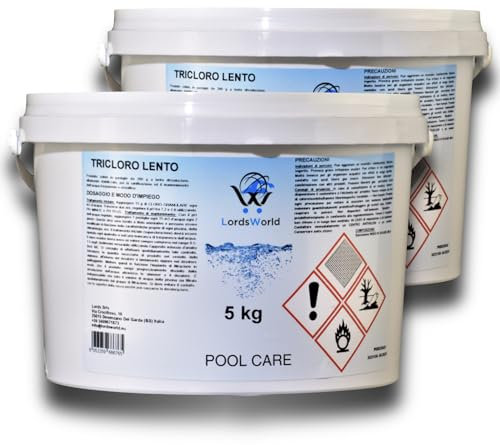 LordsWorld Pool Care - Pastiglie Cloro da 200 Grammi, Tricloro Biocida 90% a Lenta Dissoluzione - Disinfettante per Mantenimento Acqua Piscina Fuori Terra, Spa, Jacuzzi e Piscine Interrate (10Kg)
