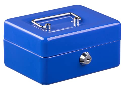 Jazooli Heavy Duty Metal Cash Money Coin Box Bank Deposit Steel Tin Security Safe Petty 2 Keys Lock Lockable Jewellery Passports Documents Security Case, Blue, 6”