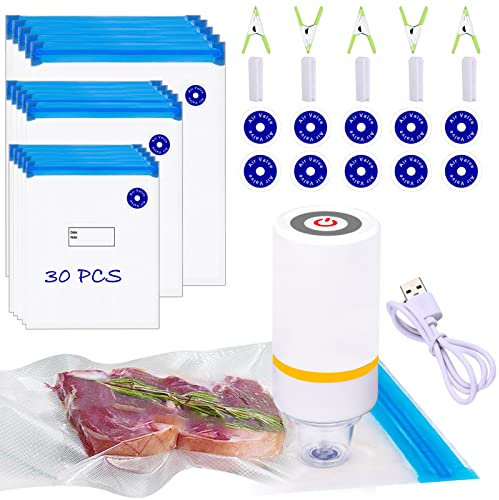 Sous Vide Bags, 42 Pieces Electric Vacuum Sealer & Reusable Vacuum Food Storage Bags for Anova, Joule Cookers, 30 Pieces Reusable Vacuum Sealer Bags, 5 Clips & 5 Sealing Clips, Rechargeable Vacuum