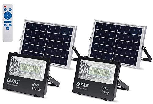 Lot de 2 phares LED extérieurs 100 W avec panneau solaire, lumière blanche 6 000 K, ultra lumineux, 1 000 lm, lampe phare avec télécommande minuterie et capteur crépusculaire Spots d'économie