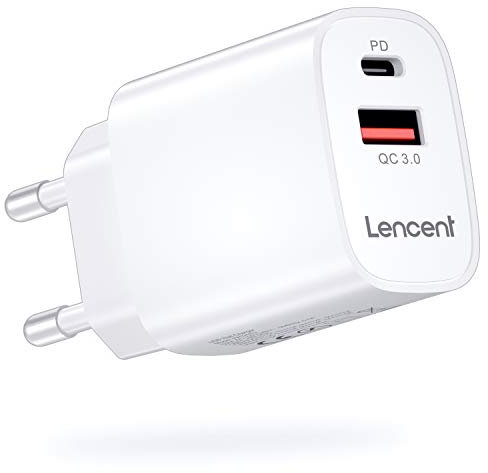 LENCENT PD Chargeur Prise USB C, 18W Chargeur Secteur Mural USB 2 Ports pour iPhone 12 Pro Max Mini SE 2020 11 X XS XR 8 Plus iPad Air Pro Galaxy S20 Ultra FE Note 20 10 Pixel 5 4XL