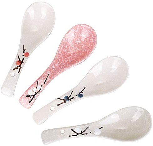 VanEnjoy Juego de 4 cucharas de sopa de cerámica chinas y japonesas, diseño de flor de cerezo rosa en nieve cuchara de cerámica adecuada para sopa