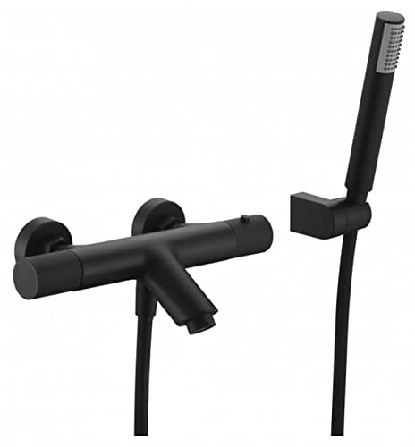 IMEX - Grifería Termostática baño-ducha, Grifo de bañera con sistema TURN CLEAN SYSTEM - Serie LINE Negro Mate - BTD038-4NG
