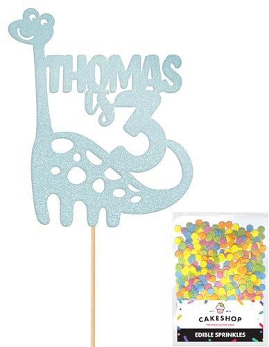 Personalised Birthday Dinosaur Glitter Cake Topper- Light Blue Any Name & Age Glitter Cake Decoration and Sprinkles - Happy Birthday Decorations - Personalised Toppers for Cakes by Cakeshop
