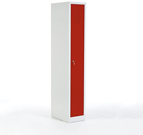 Schrank & Stuhl Spind – Metallspind mit einem Abteil in 180 x 31,5 x 50 cm, Schließfachschrank mit Hutboden & Zylinderschloss, Lieferung komplett montiert, Grau/Rot
