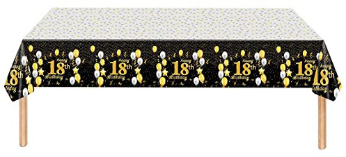 2pcs Black Gold Happy 18th Birthday Table Cloth Cover Party for Boys,Girls,137*274cm 18th Birthday Table Decorations,Rectangular Plastic Tablecloth for 18th Birthday Party Supplies Decorations