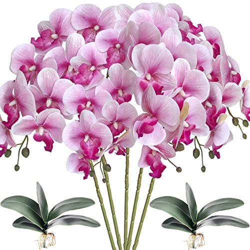 HinyoCo 5 Stück künstliche Orchideenblumen und 2 Bündel Blätter, künstliche Phalaenopsis-Blumen, 81,3 cm Stielpflanzen für Zuhause, Hochzeitsdekoration (weiße Blume, violetter Kern)