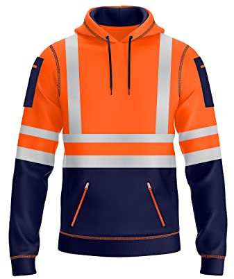 NOROZE Pull à Capuche Haute visibilité pour Homme avec Bande réfléchissante - Manteau de sécurité Haute visibilité avec 4 Poches zippées pour téléphone et Gadgets (S, Style 1: Orange Fluo/Marine)