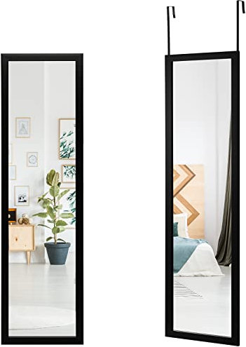 COSTWAY Miroir Pleine Longueur, 120 x 33 cm, Crochets de Porte pour Suspension Porte ou Mural, Idéal pour Chambre à Coucher (Noir)