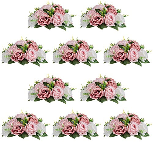NUPTIO Kunstblumengestecke für Tische - 10 Stück Staubblaue & Weiße Kunstblumen Rosen Kugeln 24cm Durchmesser - Seidenimitat Rosengesteck für Hochzeit Party Tafelaufsatz Tischdekoration