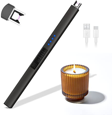 Rouclo Lichtbogen Feuerzeug Elektrisch,USB Aufladbar Feuerzeug Stabfeuerzeug Winddichtes, Elektro Kerzenanzünder Flammenlose Grillfeuerzeug Lighter für Kerzen Anzünden, Gasherd, Küche (grau)