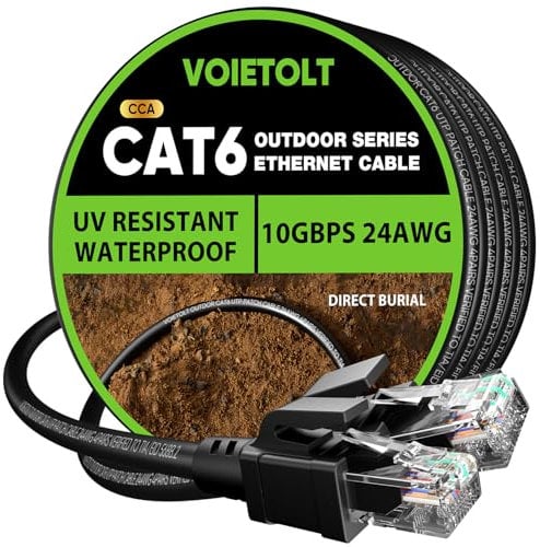 VOIETOLT Cavo Ethernet Cat 6 20M Esterno, Guaina Impermeabile in LLDPE UV per Sepoltura Diretta - Cavo di Rete Internet Gigabit ad Alta Velocità 10 Gbps - CCA, UTP con 40 Legature - Nero