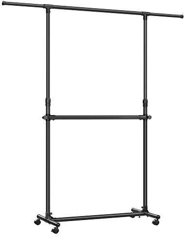 SONGMICS Portant à Vêtements Double Barre, Porte-manteau, Porte-vêtements, Hauteur Réglable de 113 à 180 cm, Barre Centrale Réglable, Noir LLR401B01