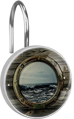 Porthole with Ocean Views Shower Curtain Hooks, Rust Resistant Crystal Glass Shower Hooks for Bathroom, Glide Shower Rings for Shower Curtain,Liner,Rod-12 Pack