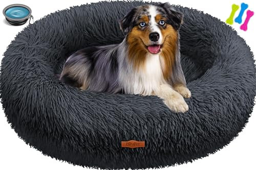 Lovpet® Hundebett Hundekissen Katzenbett Bagel, Waschbar, Inkl. Napf + 3X Kauknochen, Hundesofa flauschig Kissen Rund aus Plüsch für Kleine, Mittelgroße & Große Hunde, Katzen [XL, Ø 70cm Anthrazit]