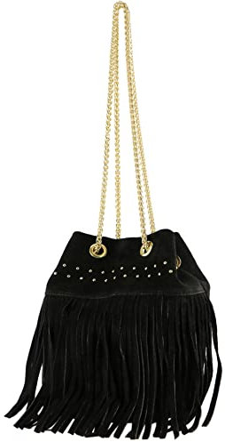 modamoda de T244 Damen Schultertasche Wildleder mit Fransen und Goldkette handmade in Italy, Farbe:Schwarz