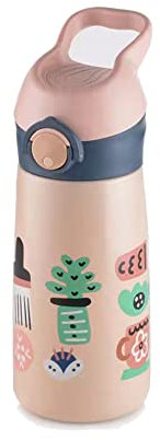 Sigdio Trinkflasche Kinder Edelstahl mit Strohhalm Auslaufsicher BPA frei Thermosflasche 450ml für Kindergarten, Schule (Pink)
