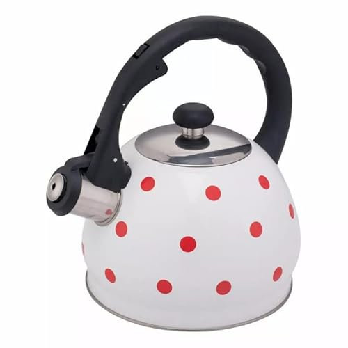 Luckyberg Moderne Wasserkessel Induktion Pfeifkessel aus Edelstahl, Kleiner Teekessel für alle Kochplatten, Flötenkessel, Wasserkocher für Tee Kaffee, ca 2 L, (weiß rote Punkte)