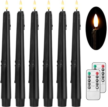 Stmarry Black Flameless Taper Candles with Remote and Timer - 9.65 Inch Real Wax LED Candlesticks - Wax Drip Battery Operated Halloween Taper Candles with 3D Flickering Flame Halloween Decor, 6 Pack