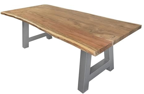 SAM Esstisch 300 x 100 cm Cali, Baumkantentisch naturfarben, Akazienholz massiv, A-Gestell aus Metall Silber, aufgedoppelte Kanten 25+25 mm