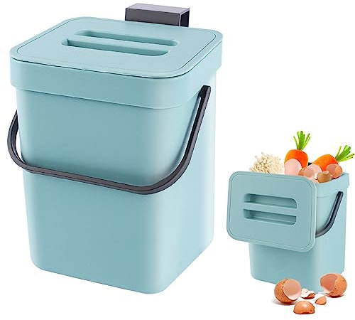 Kleiner Komposteimer für die Küche, Mülleimer, Hängend Biomülleimer, Mülleimer für Arbeitsplatte, Behälter mit Deckel, Komposter, für den Innenbereich, 3 L, Blau
