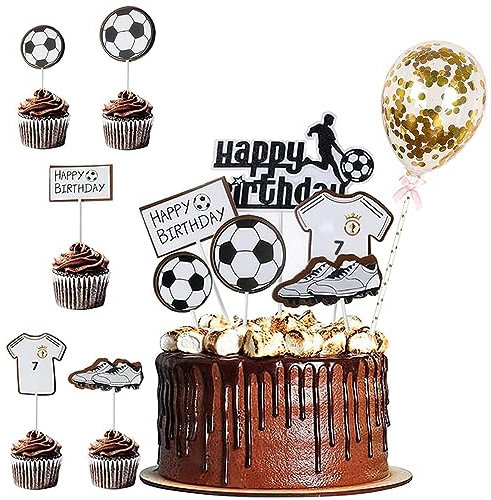 Aieraczy 12 Stück Tortendeko Geburtstag, Tortenaufleger Fussball, Cake Topper Geburtstag, Happy Birthday Tortendeko, Kuchen Deko, Fußball Tortendeko, für Junge, Kinder Party, Muffin Deko