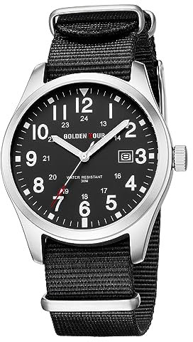 GOLDEN HOUR Uhren Herren aus Nylon mit durchgehendem Armband und Militärzeit, leicht ablesbares Zifferblatt, leuchtende Zeiger, 12/24-Stunden-Anzeige, Datumsanzeige wasserdichte Sport-Digitaluhren