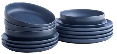 Porto by Stone Lain Macchio 12-teiliges Premium-Küchen- & Essgeschirr-Set aus Steingut, blau-matt, hergestellt in Portugal, spülmaschinen- und mikrowellengeeignet, kratzfestes Geschirrset für 4