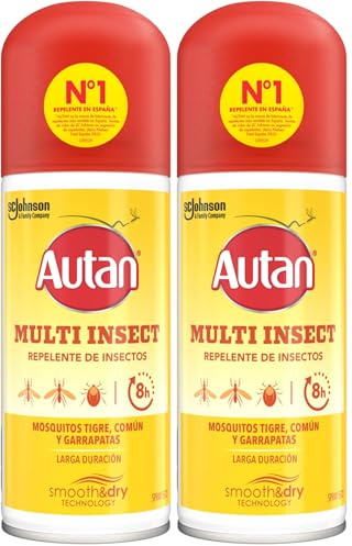 Autan Multi Insectos en Spray Seco Repelente Mosquitos, Proteccion contra Mosquitos Común, Tigre, Garrapatas y Tábanos, hasta 8h de Protección, Dermatológicamente Probado, 2x100 ml
